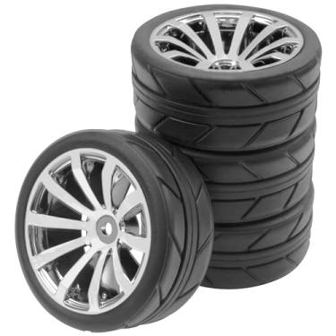 Imagem de ShareGoo OD 2.55" Rubber Tires w/Plastic Wheel Rims 12mm Hex Compatible with HSP Tamiya Kyosho Traxxas Sakura WLtoys 1/10 RC On Road Racing Touring Car (Silver)