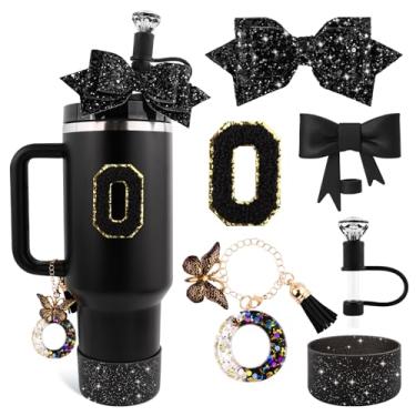 Imagem de Lingdeer Conjunto de acessórios de copo preto para Stanley 850 g e copo de 1,134 g com alça, pingentes de letras, capas de canudo de arco e diamante, bota de silicone com glitter, adesivo