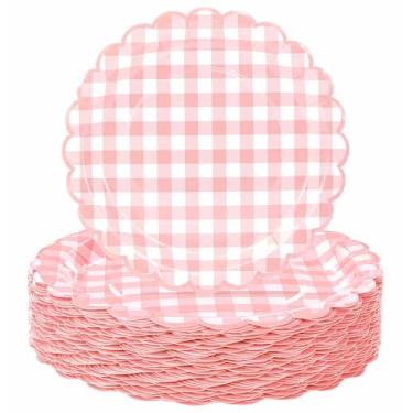 Imagem de HEIPINIUYE 50 peças de pratos de papel guingão rosa claro 17,8 cm, rosa bebê e branco, prato de jantar descartável para chá de bebê, festa de aniversário, prato de sobremesa quadriculado
