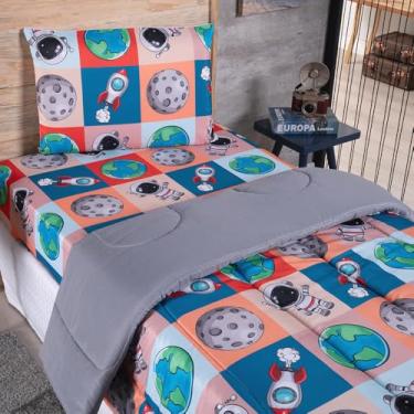 Imagem de Kit Edredom Solteiro Com Jogo de Cama Infantil Dupla Face Astronauta Menino 03 Peças