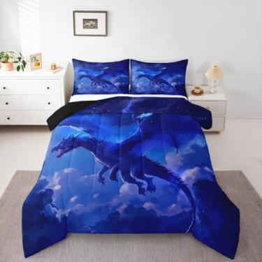 Imagem de Feelyou Jogo de cama solteiro com dragão azul e dragão do oeste, para crianças, meninos, meninas, conjunto de edredom de dinossauro mágico, respirável, macio, leve, microfibra, galáxia, quarto