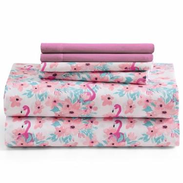 Imagem de CARIBBEAN JOE Jogo de lençol de 6 peças com fronhas refrescantes, bolsos profundos de 30,5 cm, design costeiro de praia tropical, King, flamingle