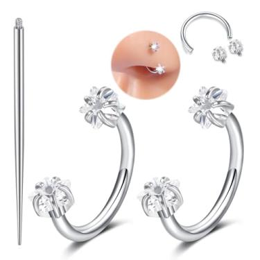 Imagem de MODRSA Anel de nariz de ferradura de prata 18 g Anel de nariz de sapato de cavalo para mulheres de aço cirúrgico meia argola brincos argolas estrela dupla gema tragus aros labret lábio hélice piercing