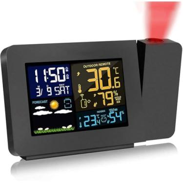 Imagem de Projectio Digital Com Sor Ao Ar Livre, Relógios De Projeção De Estação Meteorológica Digital O Ceilig Com Display De Temperatura, Alarmes Duplos, Sooze, Luz De Fundo Colorida, Previsão Do T