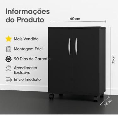 Imagem de Armário Multiuso com Rodízios, 72x60x35 cm, 4 Prateleiras, Portas com Puxadores, Branco (Branco)