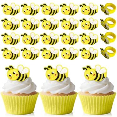 Imagem de 24 peças de enfeites de cupcake de abelha, anéis de cupcake de aniversário, enfeites de cupcake de abelha, decorações de bolo, suprimentos para festa de chá de bebê com tema de abelha