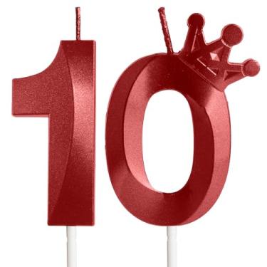 Imagem de Velas de aniversário de 10 anos para bolo, número 10 velas vermelhas com coroa, design 3D, enfeite de bolo de aniversário para meninos, meninas, festas de aniversário, casamento, celebração