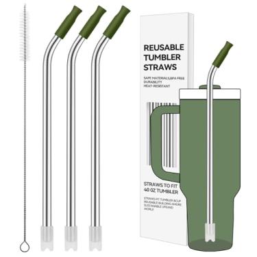 Imagem de Prurex Canudos reutilizáveis de aço inoxidável com ponta de silicone para Stanley 1,134 g, canudos de metal para copo de 1134 g, 3 tubos dobrados e 6 pontas e 1 escova Cleanr (pinho seco)