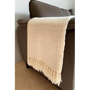 Imagem de Manta Gigante Para Sofá 2,55 X 1,55 Em Algodão com Franjas Artesanais | Cobertor Decorativo para Sofa, Poltrona e Cama | Estilo Boho Chic (Branca-Cru)