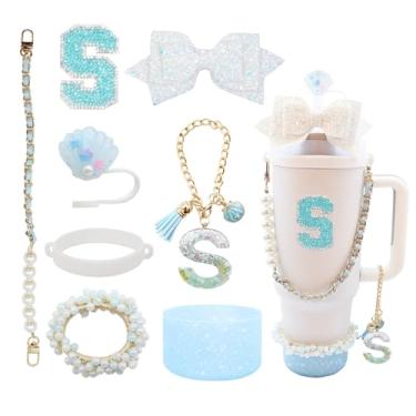 Imagem de Conjunto de acessórios de copo de 8 peças para Stanley Copo de 76 ml com alça, incluindo topo de palha, bota, alça de alça de garrafa de água, decoração de arco de palha, pulseiras, pingente de letra