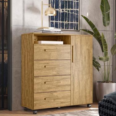 Imagem de Cômoda Veneza - 4 Gavetas Rodízios Corrediças Metálicas Puxadores Mdf Amêndoa - Movelove