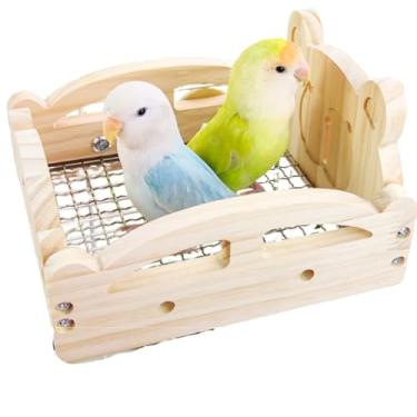 Imagem de Linda cama de madeira em forma de urso, ninho de pássaro, cama de papagaio com fundo de malha de metal destacável, acessórios de gaiola poleiro de madeira para periquitos, periquitos, periquitos