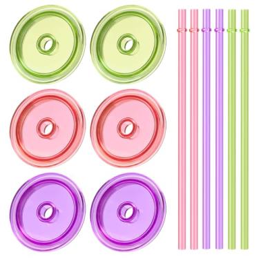 Imagem de Aieve Tampas de pote de boca larga com canudos, compatíveis com frascos de vidro Ball de 473 g de 680 g, 6 peças de tampas coloridas de boca larga com furo de canudo