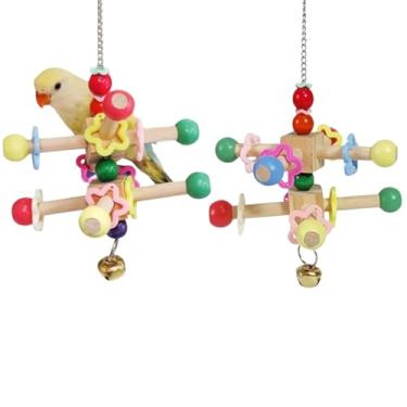 Imagem de Brinquedos giratórios de pássaros coloridos com sinos, brinquedos de mastigar de madeira natural para gaiola, acessórios de gaiola de pássaros mastigáveis para pendurar para calopsita, conure
