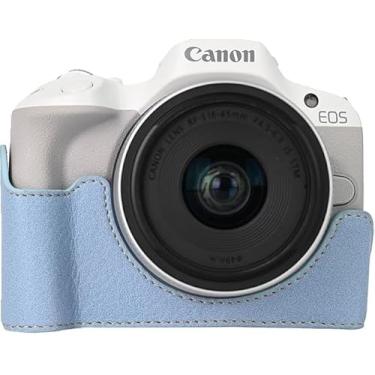 Imagem de Capa R50, capa BMAOLLONGB feita à mão de couro liquei PU, meia câmera, capa com abertura inferior, versão para Canon Eos R50 com alça de mão (azul)