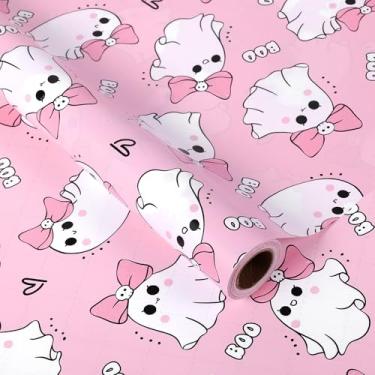 Imagem de Fabllewavi 1 rolo de papel de embrulho rosa Ghost Boo - 43,2 cm x 32,8 m, papel de embrulho de presente com estampa de fantasma e boo para meninas, chá de bebê, faça você mesmo, artesanato, artigos de