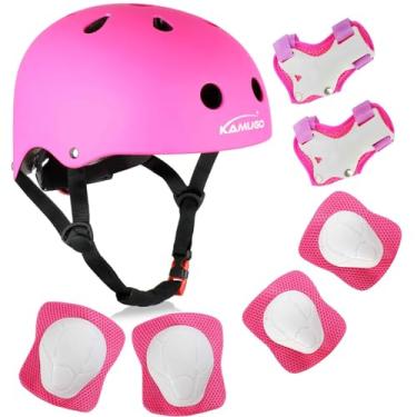 Imagem de KAMUGO Capacete infantil de bicicleta, capacete infantil para crianças de 2 a 8 anos com conjunto de equipamentos de proteção esportiva, joelheiras, cotoveleiras para skate, ciclismo, scooter, patins