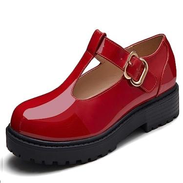Imagem de Coutgo Sapatos Sociais Mary Jane Girls, Mocassins Plataforma, Uniforme Escolar, Salto Grosso, Bico Fechado, Tira Em T, Sapatilhas Vermelhas