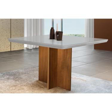 Imagem de Mesa p/ Cozinha Berlim c/ Tampo 90x90cm Madeirado Vidro Canto Curvo - Imbuia/Off White...