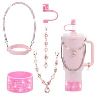 Imagem de Conjunto de acessórios para copo Stanley de strass, capa de canudo brilhante 1 cm, alça de alça de garrafa, pingentes de glitter, bota de silicone, 850 a 1,134 g (rosa, serve para copo Stanley de