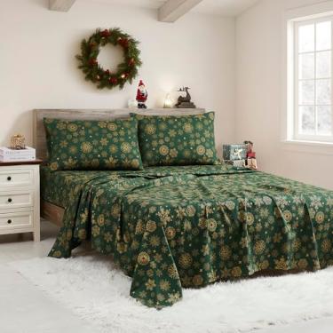 Imagem de Lençóis de Natal Queen Size com tiras embutidas – Roupa de cama aconchegante de Natal para alegria de férias e sonhos de inverno – Macio, sono confortável para celebrações sazonais, flocos de neve