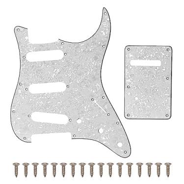 Imagem de SAPHUE SSS Conjunto de 11 furos para guitarra elétrica Strat Pickguard e placa traseira para Fender EUA/México, peças de guitarra estilo moderno Stratocaster (3 camadas branco pérola)