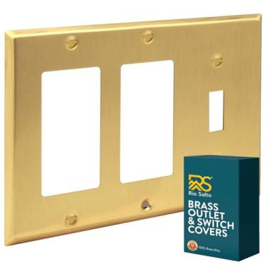 Imagem de Rio Salto Tampa de tomada dourada de metal 3 faixas de latão ou placa de parede para interruptor de luz, tampa de placa de combinação tripla com interruptor basculante tamanho padrão (2 balancim 1