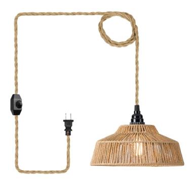 Imagem de ALAISLYC Luminária pendente de plugue de vime de 4,5 m com cabo regulável, lâmpada pendurada com plugue de vime tecido à mão, lustre Boho para quarto, cozinha, corredor, hall de entrada