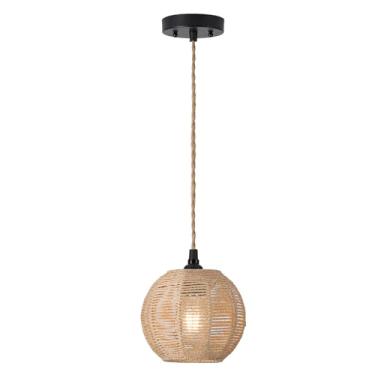 Imagem de ALAISLYC Luminária pendente Boho com cordão de 17,8 cm de vime tecido à mão, pequeno lustre para pendurar para quarto, cozinha, corredor, hall de entrada, 1 pacote