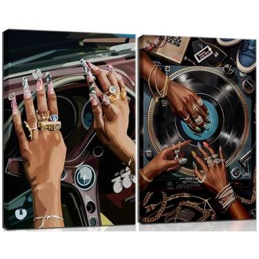 Imagem de 2 peças de arte de parede de DJ de mulher negra na moda com estampa de pôsteres abstratos de mulheres afro-americanas, quadro boho preto feminino, tela para casa, sala de estar, quarto, banheiro