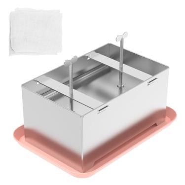 Imagem de Prensa de tofu, kit de prensa de aço inoxidável, paneer-maker ajustável com orifício de drenagem e bandeja de gotejamento, prensa de água de remoção, prensa de queijo para fazer 2 kg-tofu para cozinha