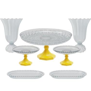 Imagem de Kit Cristal boleira lapidada 24x11+2 vasos popi+2 mini boleiras perola+ 2 bandejas perola 20x13 cm(AM - AMARELO)