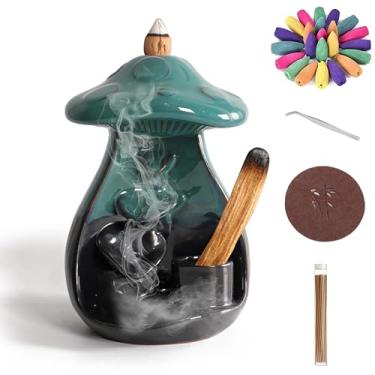 Imagem de GudaAphrmix Suporte de incenso de refluxo de cogumelo – Suporte de cone de incenso de cerâmica queimador de cachoeira azul jato com 30 cones e bastões ornamento de aromaterapia para escritório em casa