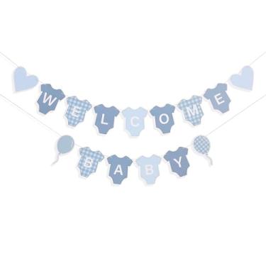 Imagem de Faixa de chá de bebê guingão azul - decorações de macacão de guingão azul, faixa de chá de bebê de boas-vindas, decoração reveladora de gênero de menino (azul)