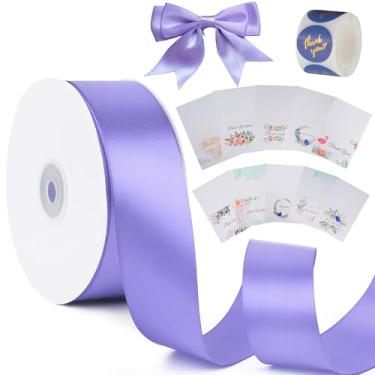 Imagem de Fita de cetim lisa roxa clara de 3,8 cm com cartões de agradecimento e adesivos, fita de 50 metros para buquê de laços, embrulho de presente, casamento, arranjo floral, decorações de Natal