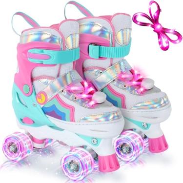 Imagem de BELEEV Patins infantis para meninas, patins quadriciclos ajustáveis de 4 tamanhos com 8 rodas de LED iluminadas e cadarço bônus, seguro e divertido para crianças pequenas, iniciantes, aniversário