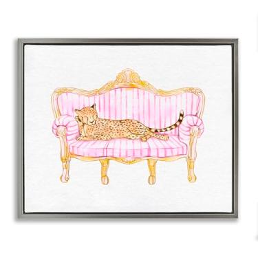 Imagem de Stupell Industries Arte de parede em tela flutuante cinza com estampa de leopardo dormindo no sofá listrado, design de Ziwei Li, 43 x 53 cm