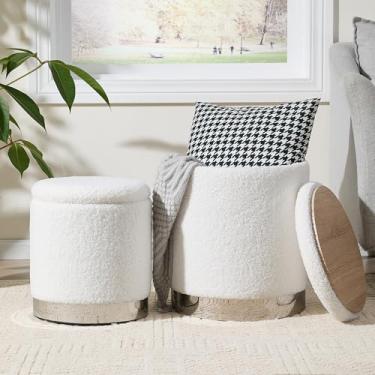 Imagem de Royal Windsor Boucle Otomano redondo com conjunto de 2 unidades, banquinho com armazenamento para quarto, mesa de centro otomana, anel prateado ao redor da base, banquinho pequeno para sala de estar