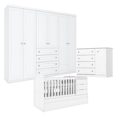 Imagem de Quarto Infantil 6 Portas Americano com Berço Multifuncional Cleo Branc