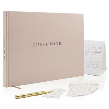 Imagem de Modern Album Designs Conjunto de livros de visitas de linho real - Livro de visitas em relevo 29 x 21 cm para casamentos, chuveiros, eventos, em branco e forrado, vem com placa, caneta, caixa e capas