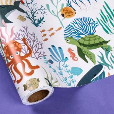 Imagem de LeZakaa Rolo de papel de embrulho azul oceano, baleia, tartaruga, desenho animado de criatura marinha design reversível para meninos e meninas, para aniversário, chá de bebê, festa de férias, rolo