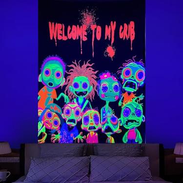 Imagem de Tapeçaria de terror, tapeçaria de luz negra para quarto, multidão de zumbis ao redor de tapeçarias, pôster UV reativo que brilha no escuro, tapeçarias de mortos-vivos, fantasmas, decoração de
