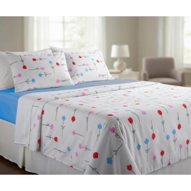 Imagem de Jogo de Lençol Viúva 2 Peças (203x120x25) 100% Algodão 200 Fios Estampado Tulipas (Azul)