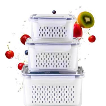 Imagem de MyBrins Kit 3 Potes Organizadores Geladeira com Tampa Hermética e Cesto Escorredor Livre de BPA Porta Frutas Legumes e Verduras