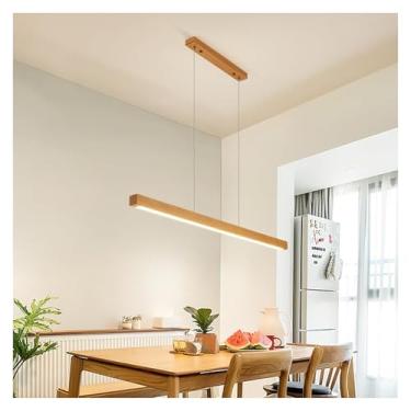 Imagem de Luminária Pendente Linear com Controle Remoto, Luminária Pendente LED Mesa de Jantar Madeira Regulável, Luminária Pendente Design Linear Luminária Mesa de Jantar, Lustre para Sala de Jantar