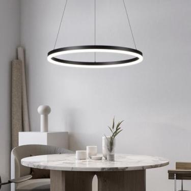 Imagem de Luminária pendente preta moderna com controle remoto, lustre redondo regulável para mesa de jantar, cozinha e sala de estar, 80 cm, 1 anel