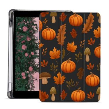 Imagem de AdorableWhimsy Capa de cogumelo abóbora com folhas de outono para iPad 9ª/7ª/8ª geração (2021/2020/2019 10,2 polegadas) capa de couro preta dobrável com design de outono Halloween capa macia com