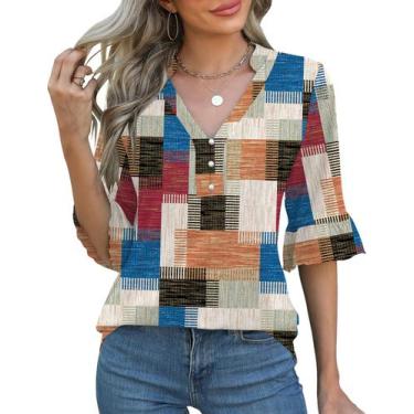 Imagem de Blusa camponesa Rapbin com decote em V com babados e manga de cotovelo