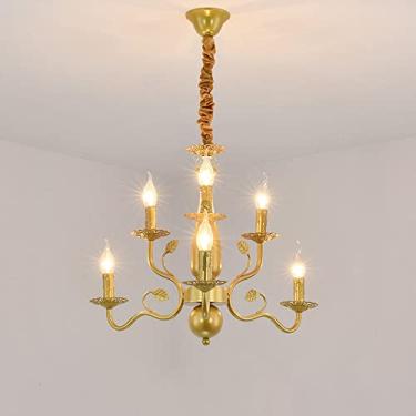 Imagem de YQSLQZZ Lustre de vela dourada, lustres de sala de jantar vintage americanos, iluminação decorativa acima da mesa de jantar, luminária suspensa de teto ajustável em altura