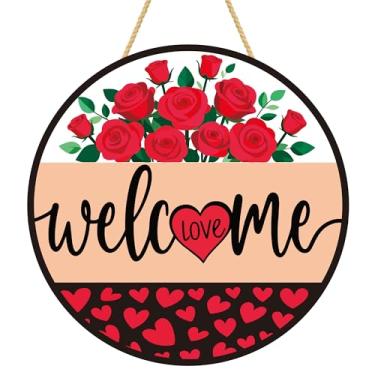 Imagem de Decorações de Dia dos Namorados - Guirlanda de boas-vindas para porta da frente | Guirlandas de madeira redondas rústicas, guirlanda de coração rosa ao ar livre - decoração de festa dos namorados